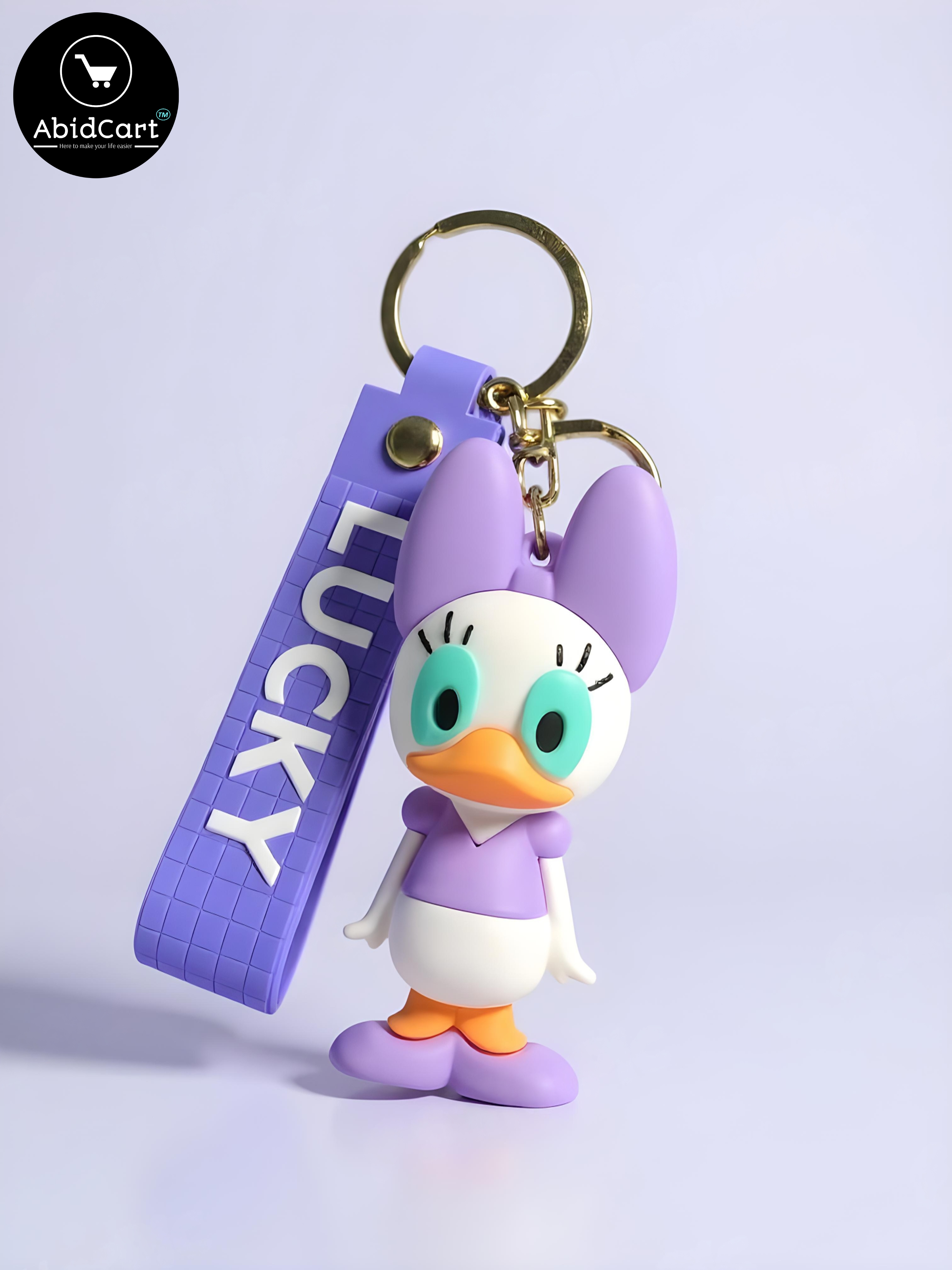 Cute Daisy Duck Keychain with Lucky Tag â Cartoon Character Bag Charm & Key Ring for Kids, Women, and Disney Fans.