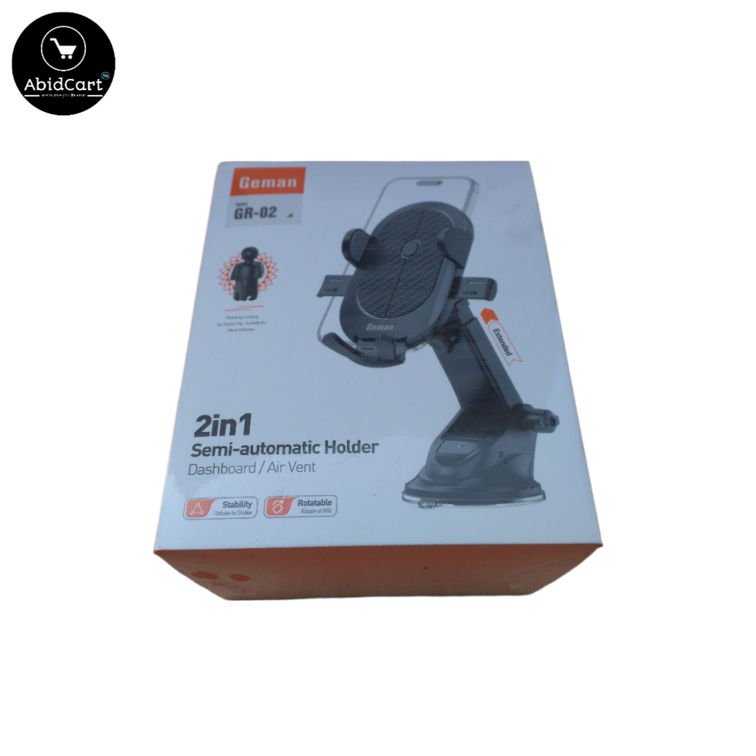 Gemen GR-02 2-in-1 Semi-Automatic Dashboard & Air Vent Mobile Holder Stand â Adjustable, Secure, and Versatile Car Mount for Smartphones.